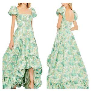 Mac Duggal 68276 Green Floral Brocade Puff Sleeve High-Low Gown 12